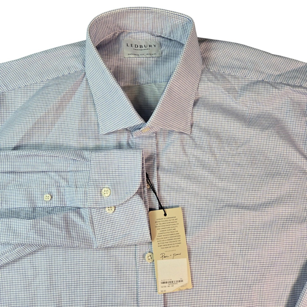 Ledbury Mens Tailored Fit Dress Shirt Blue White Micro Check Size 18.5 / XXL NEW